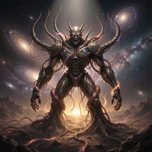 A colossal, bio-mechanical entity emerging from the heart of a dying galaxy.jpg