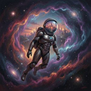 A lone astronaut drifts through a nebula of swirling cosmic dust, their helmet visor reflecting a distant, alien city.jpg