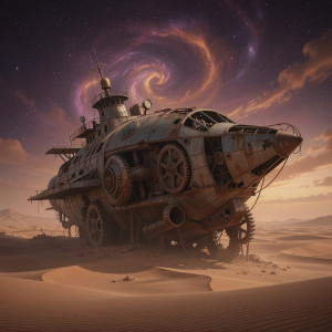 A colossal, derelict spaceship, half-buried in a desolate, alien desert.jpg