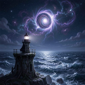 A solitary lighthouse keeper stands on a crumbling, ancient tower.jpg