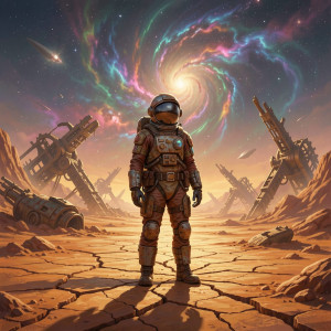 A lone astronaut, clad in a weathered, steampunk-inspired spacesuit, stands on a desolate alien planet.jpg