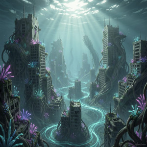 A sprawling, abandoned metropolis submerged beneath an alien ocean.jpg