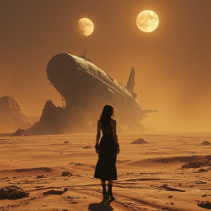 A solitary woman gazing up at a derelict spaceship - JXI.jpg