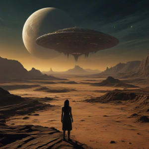 A solitary woman gazing up at a derelict spaceship - JXI.jpg