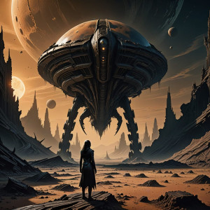 A solitary woman gazing up at a derelict spaceship - DXL1.jpg