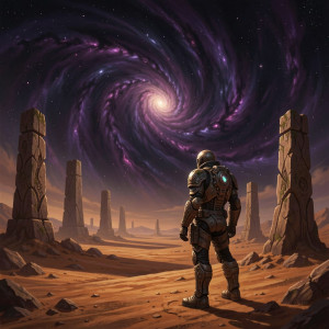 An ancient astronaut stands on a desolate alien planet, gazing at a swirling nebula that hints at cosmic dread.jpg