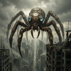 A lone, colossal spider, woven from discarded clockwork gears.jpg