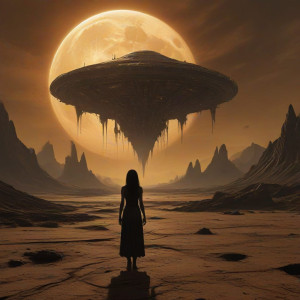 A solitary woman gazing up at a derelict spaceship - JXI.jpg