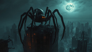 Colossal spider in abandoned metropolis under full moon - L.jpg