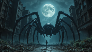 Colossal spider in abandoned metropolis under full moon - PL.png