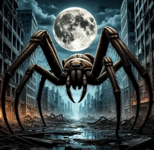 Colossal spider in abandoned metropolis under full moon - S.png