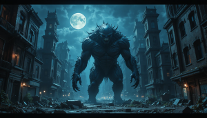 Monstrous cryptid in abandoned metropolis under full moon - PL.png