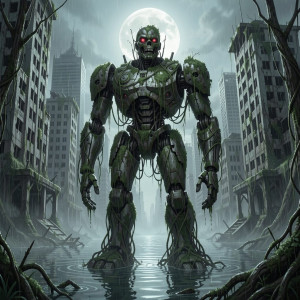 A colossal, derelict robot, overgrown with moss and ancient vines, stands as a monument in a flooded, forgotten city.jpg