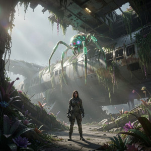 A lone female survivor stands amidst the ruins of a colossal, derelict spaceship.jpg