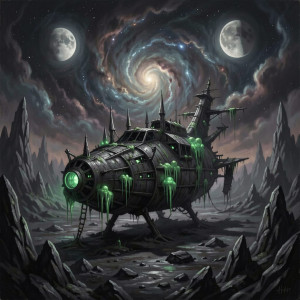 A derelict, gothic-inspired spaceship rests on a desolate, ash-covered alien planet.jpg
