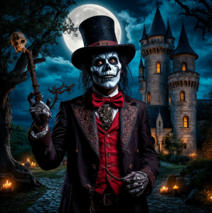 Baron Samedi in haunted medieval castle under full moon.png