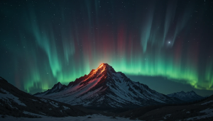 Burning mountain under aurora borealis - PL.png