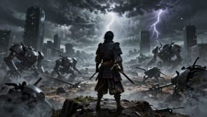 A lone, weathered samurai warrior standing on a cliff - Z.jpg