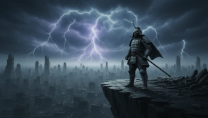 A lone, weathered samurai warrior standing on a cliff - F24B.jpg