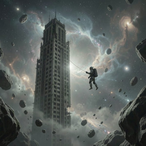 A lone astronaut adrift in the void, tethered to a colossal, derelict skyscraper.jpg
