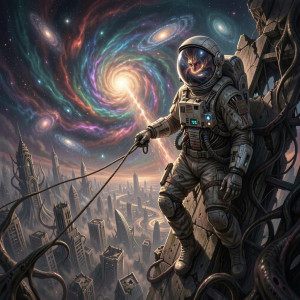 An astronaut, tethered to a crumbling skyscraper.jpg