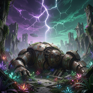 A colossal, ancient automaton lies dormant amidst the ruins of a forgotten city.jpg