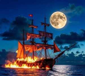 Пылающий парусный фрегат в Карибском море.jpg