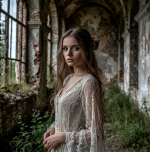 Ghost of a beautiful woman in the Ruins of abandoned medieval castle.png