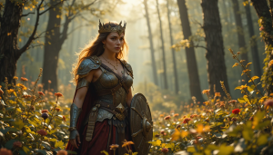 Boudica warrior queen in magical forest - PL.png