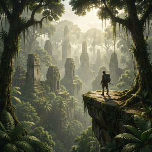 A lone explorer stands on the precipice of a colossal, ancient city.jpg