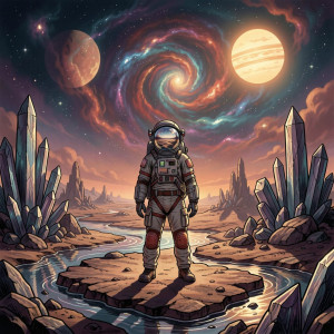 A solitary astronaut stands on an alien planet with dual suns.jpg
