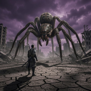 A lone samurai stands on a desolate, cracked earth plain.jpg