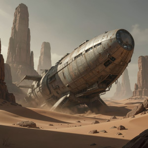 A colossal, derelict spaceship, half-buried in the sands of a forgotten alien desert.jpg