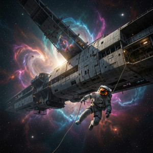 An astronaut adrift in the void of space, tethered to a derelict, gargantuan spaceship.jpg