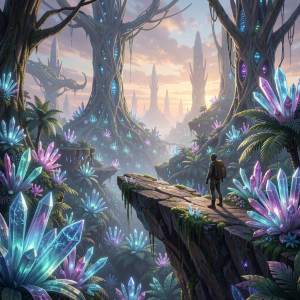 A lone explorer stands on a jagged cliff overlooking a vast, bioluminescent jungle.jpg