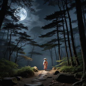 Bakemono apparition in mystical Japanese forest under full moon - H1.png