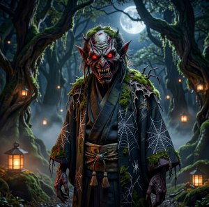 Bakemono apparition in mystical Japanese forest under full moon - S.png