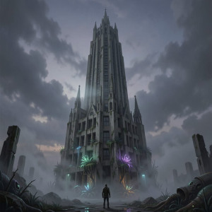 A lone figure stands at the base of a colossal, impossibly tall skyscraper.jpg