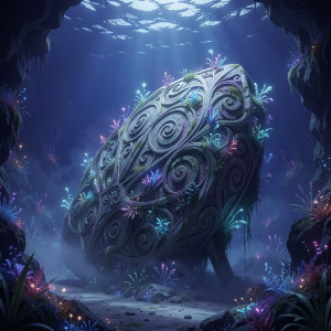 A colossal, ancient artifact lies partially submerged in a vibrant, bioluminescent ocean trench.jpg