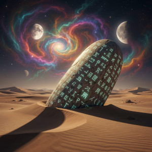 An ancient, colossal artifact, half-buried in the shifting sands of a desolate alien desert.jpg