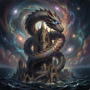 A colossal, ancient dragon coiled around a decaying, gothic skyscraper.jpg