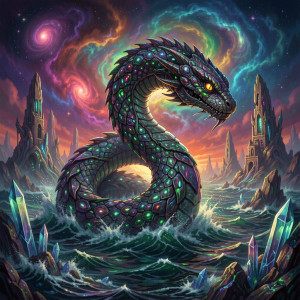 A colossal, ancient sea serpent, its scales shimmering with bioluminescent patterns.jpg