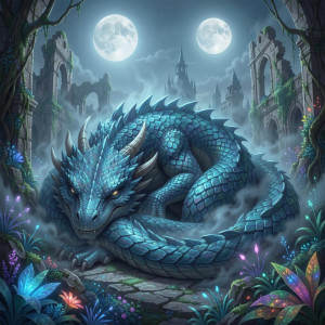 A colossal, ancient dragon sleeps coiled around the ruins of a once-magnificent city.jpg