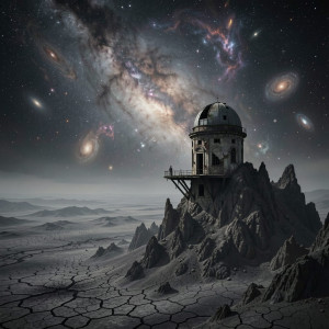 A lone, crumbling observatory perched precariously on a jagged, windswept peak.jpg