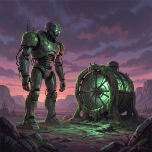 A solitary, colossal robot stands guard over a decaying time machine.jpg