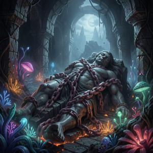 A colossal, ancient deity sleeps within a submerged, volcanic temple.jpg
