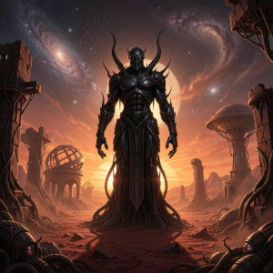 A colossal, ancient deity carved from obsidian, standing amidst the silent ruins.jpg