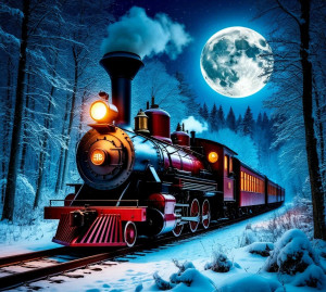 Steampunk locomotive train in winter forest under blue moon.jpg