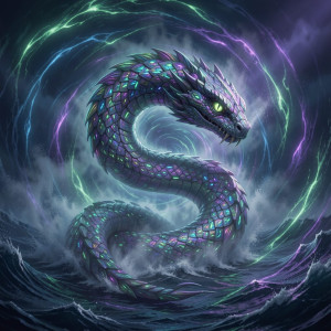 A colossal sea serpent, its scales shimmering with iridescent, bio-luminescent patterns, emerges from a swirling vortex of oceanic energy.jpg