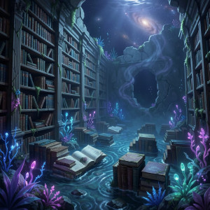 A lone, ancient library submerged beneath a silent, alien ocean.jpg
